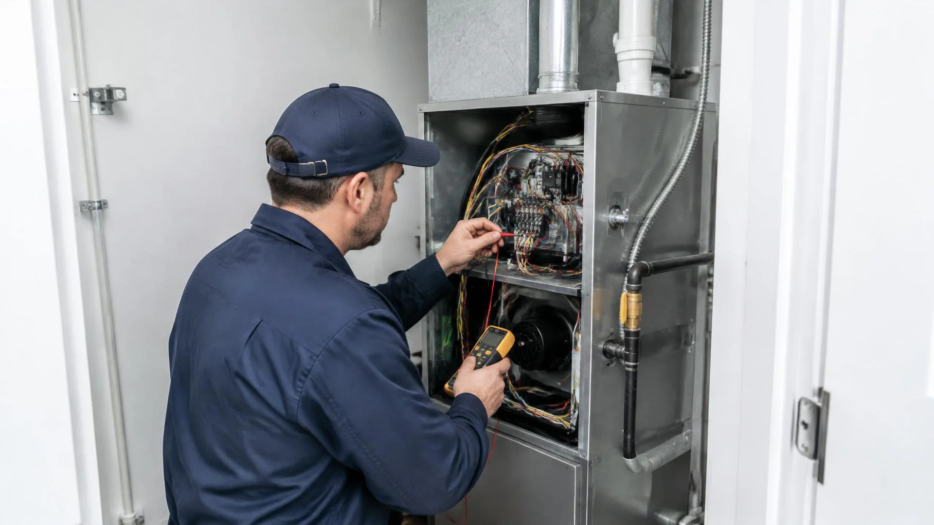 Outdoor heat pump unit being inspected during heating season in Atwater