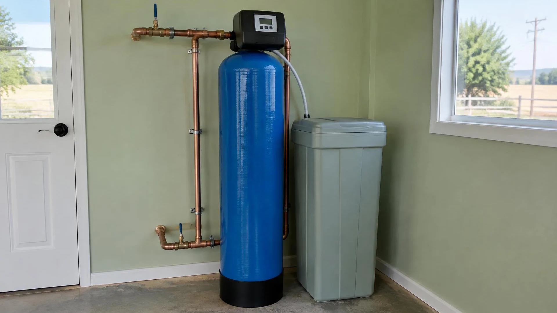 Water softener control head above a resin tank beside a brine tank