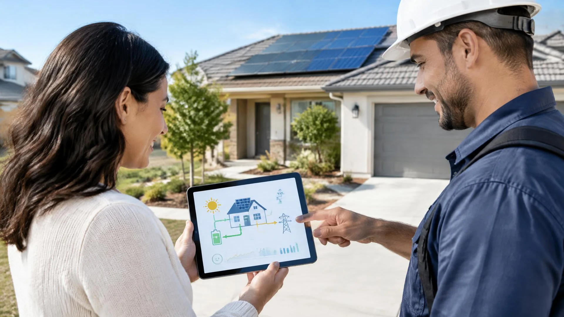 Proposed solar electrical equipment locations reviewed beside a Patterson home