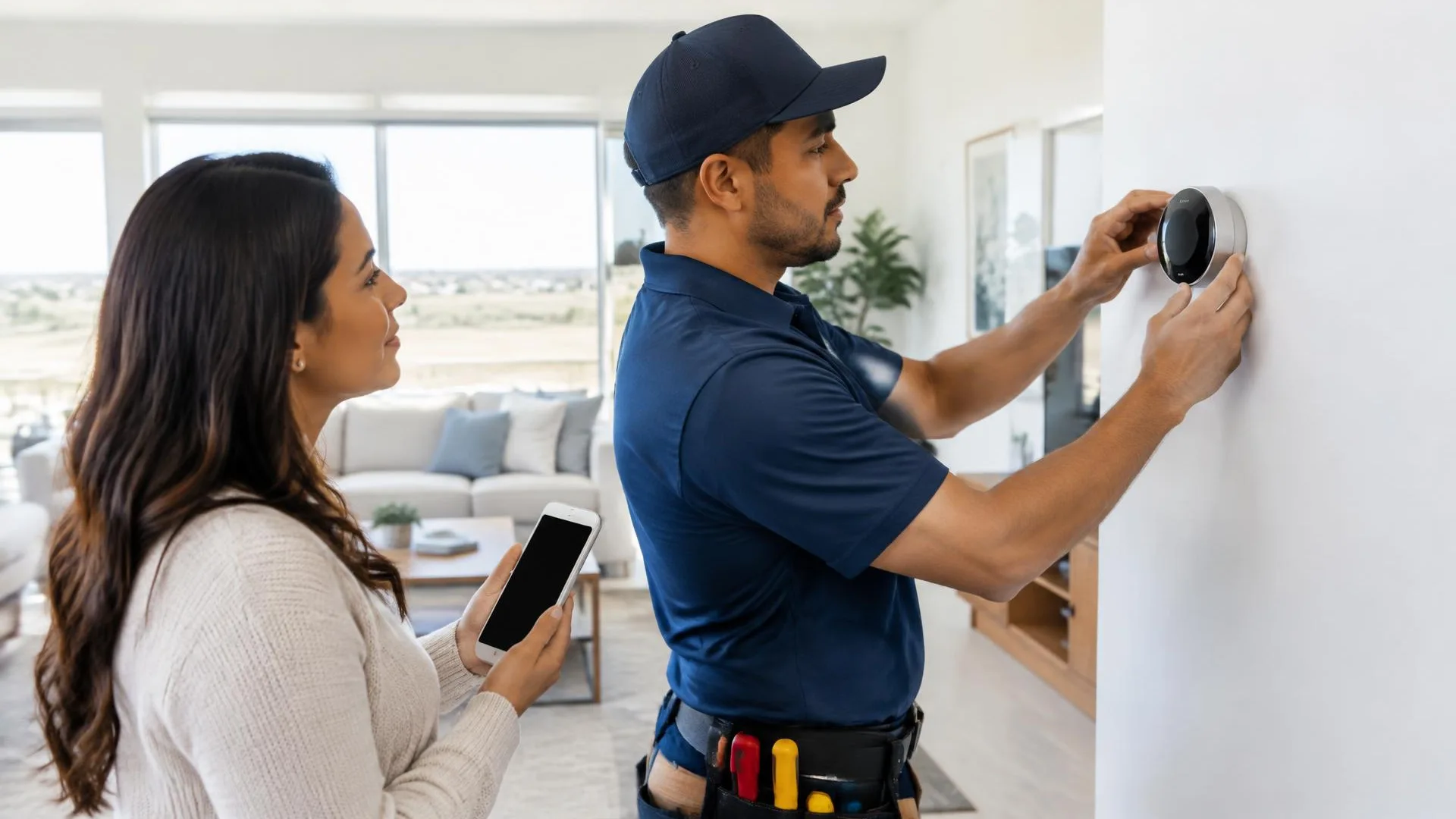 Smart thermostat beside heating and cooling equipment compatibility notes