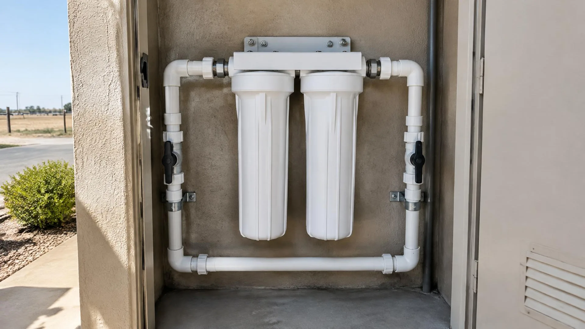 Whole-home filter housing and connected residential water supply piping