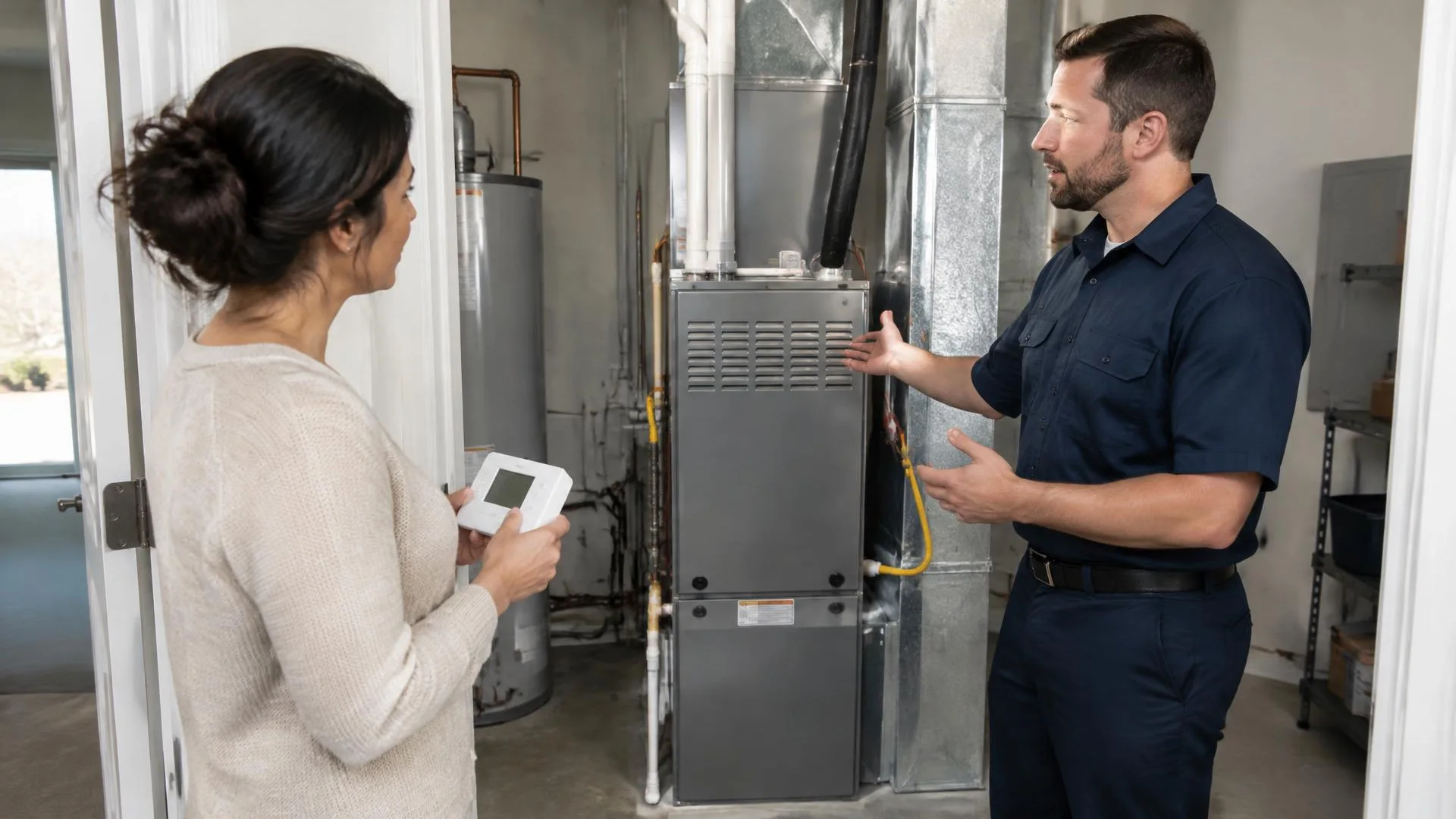 Technician and homeowner discussing urgent and planned heating service options in Madera