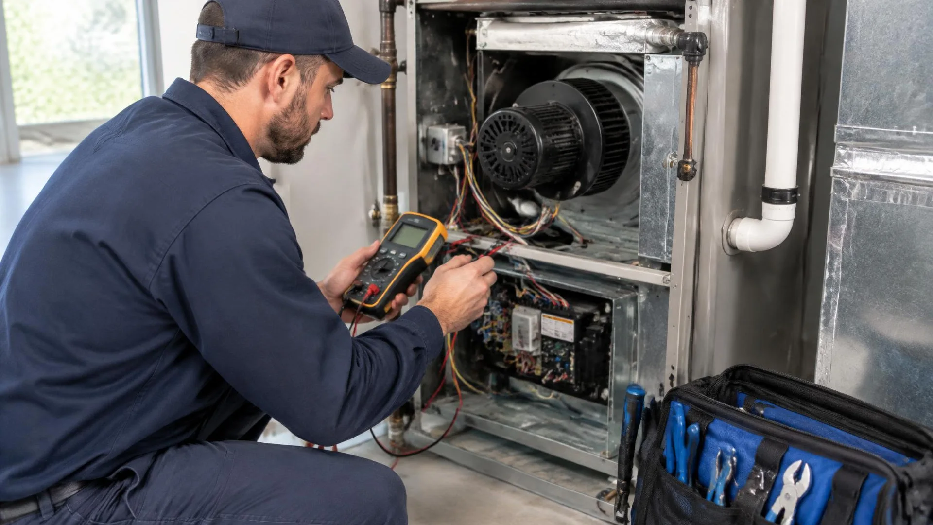 Technician listening to a furnace blower while diagnosing noise in Newman