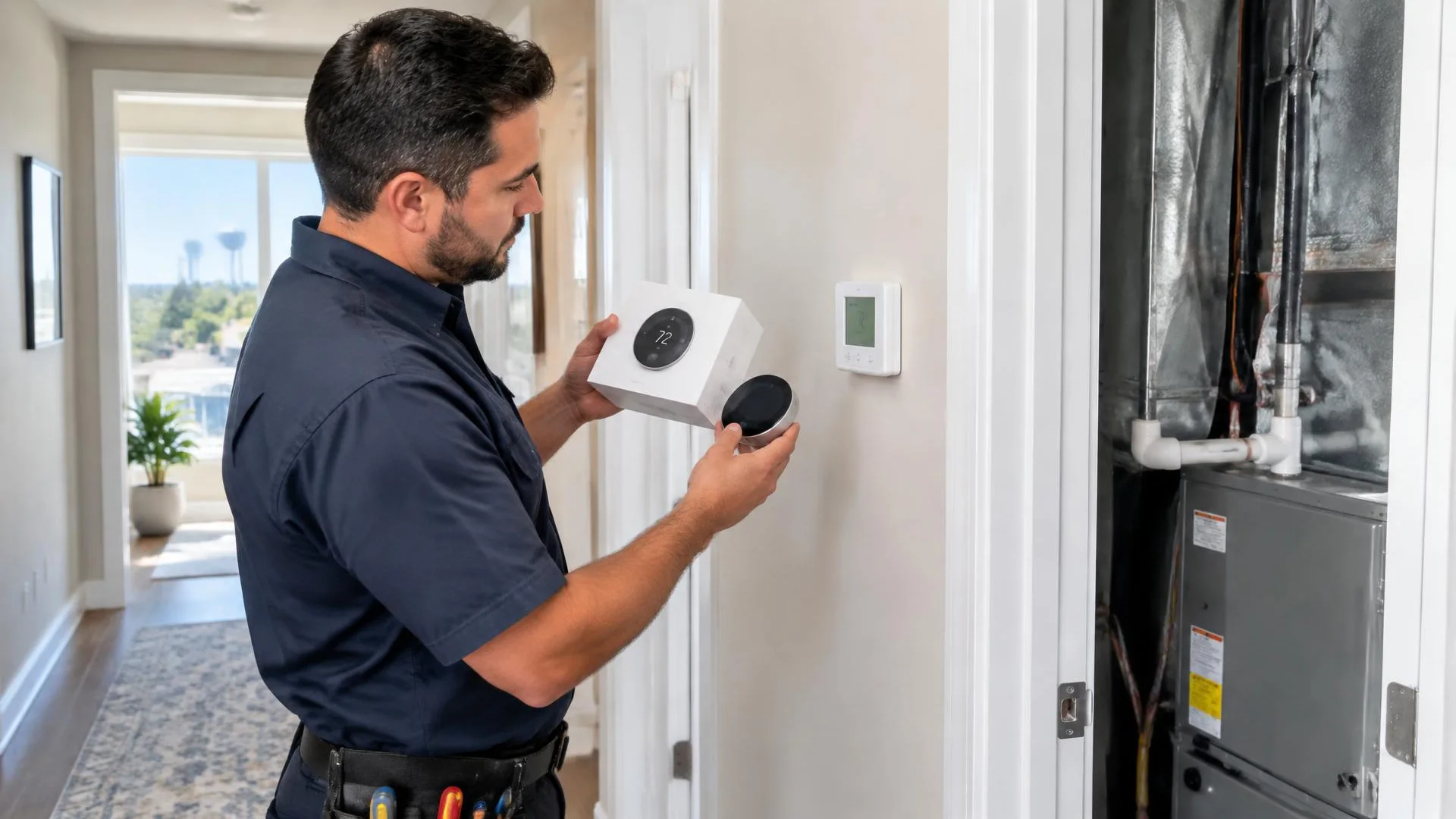 Homeowner learning everyday smart thermostat controls during installation handover