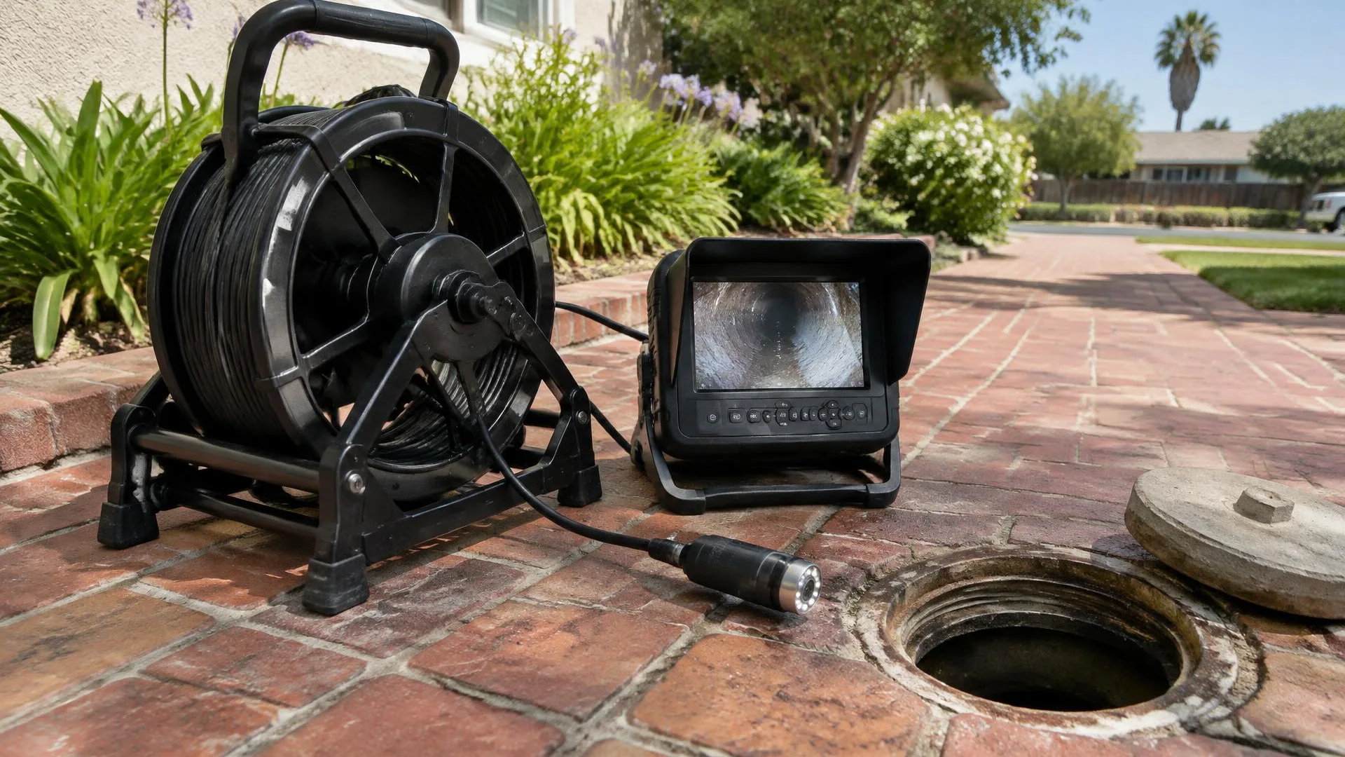 Inspection monitor showing material inside a drain pipe during a camera examination