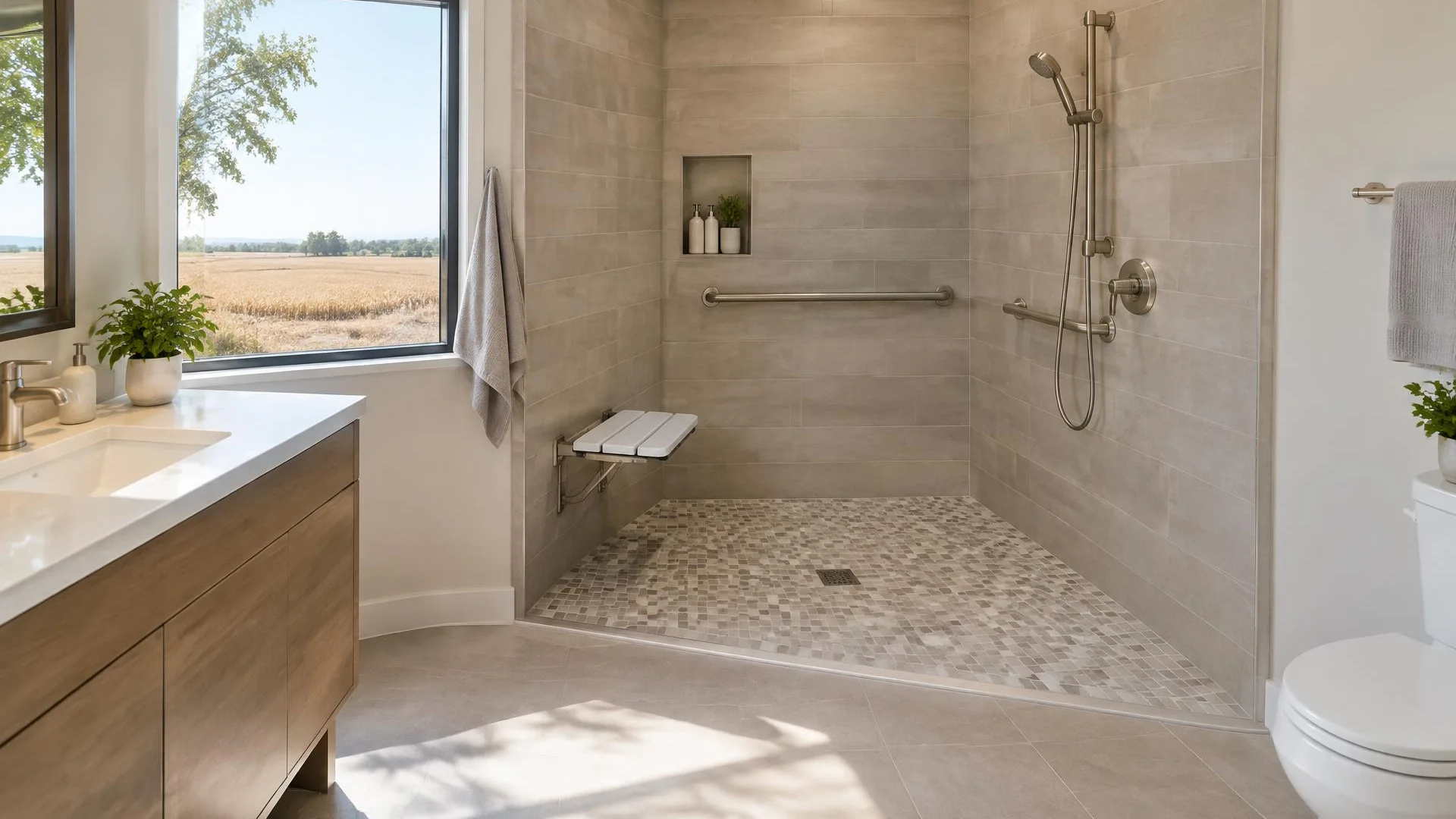 Shower drain and wall fixture openings within a bathroom enclosure